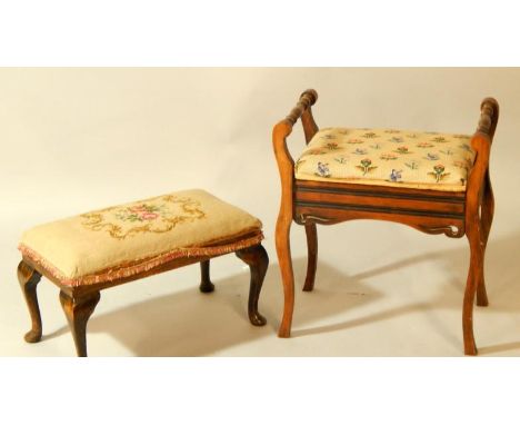 A Victorian oak piano stool, with floral woolwork tapestry seat, raised on cabriole legs, and an oak and tapestry seated stoo