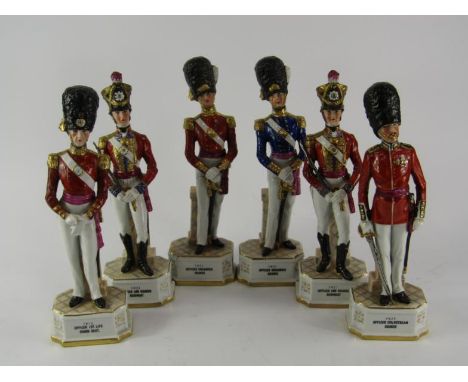 A set of six Continental porcelain figures, of early 19thC English army officers, comprising Coldstream Guards 1825, 3rd Guar