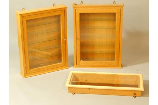 Two Glazed Oak Wall Mounted Display Cabinets Enclosing Glass