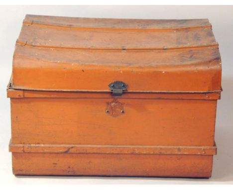 A domed black fabric and leather bound trunk, 68.5cm x 49cm x 56cm, canvas and bamboo bourn trunk, 91cm x 54cm x 32cm, a meta