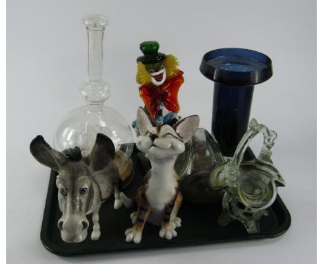 Glassware, including a Murano clown, decanter containing a ship, Pets Personality cat and a donkey.