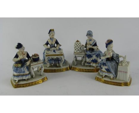 A set of four Unterweissbach porcelain figures of 18thC ladies, each seated, one at a spinet, another with bird cage, a lady 
