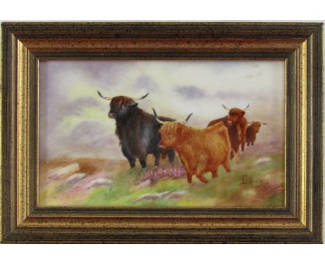 E R Booth; a Worcester porcelain plaque painted with Highland cattle, signed, gilt framed, 8.5cm x 14cm.
