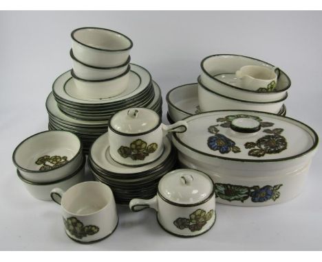 A Wedgwood pottery part dinner service decorated in the Primrose pattern, comprising casserole dish and cover, two oval dishe