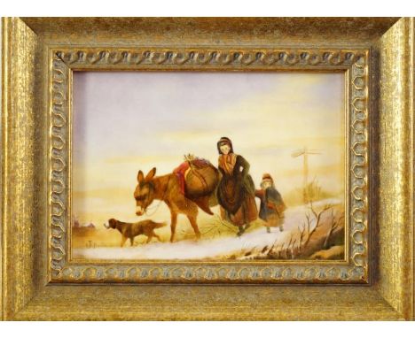 E R Booth; A Worcester porcelain plaque of peasant figures with a mule and hound on a snowy path, signed, gilt framed, 11.5cm
