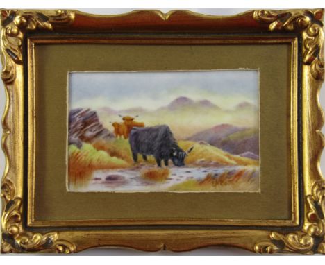 E R Booth; a Worcester porcelain plaque painted with Highland cattle at a stream, signed, gilt framed, 6.5cm x 10.5cm.