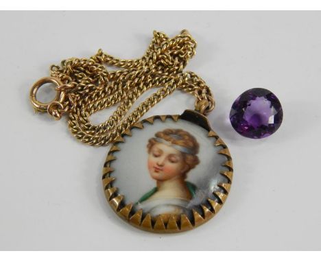 A Continental circular porcelain plaque decorated with the bust portrait of an angelic woman, metal mounted, on a yellow meta