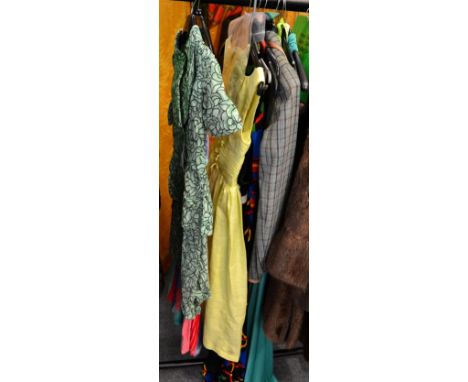 Assorted 1960s costume including Bernshaw green halter neck full length evening dress, similar dress in lime green and white 