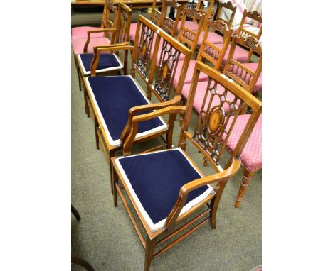 An Edwardian mahogany and inlaid three piece parlour suite and a Victorian rosewood wall barometer (a.f.) 