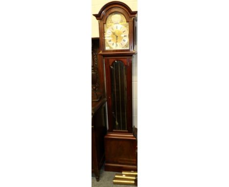 A modern chiming longcase clock, arched brass dial with silvered plaque signed Canham, London, three chime selection