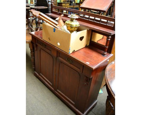 A Victorian chiffonier, an aneroid oak barometer, an oil lamp, a copper jug, cream skimmer and plate   
