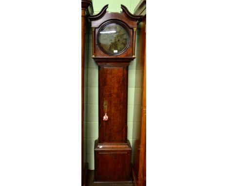 An oak cased eight day longcase clock, circular brass dial with later inscription John Steel, later movement