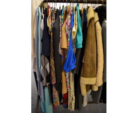 Assorted circa 1960s and later clothing including Elsie Whitely, LeRose etc, hats and two pairs of modern decorative curtains