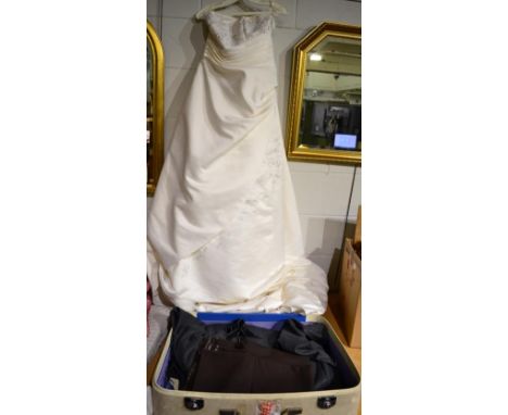 Christian Dior grey pin striped suit, modern strapless wedding gown with train and stole, length of brown suiting fabric, eve