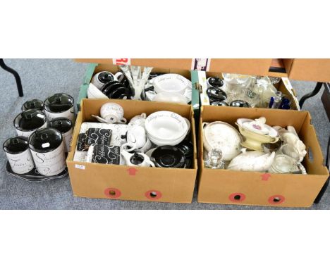 A Wedgwood part dinner service, glass wares and a modern dinner/tea service, 20th century sculptures etc. 