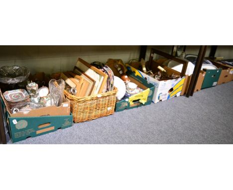 Eight boxes of miscellaneous china and glass including a 19th century blue and white toilet bowl, 20th century famille rose t
