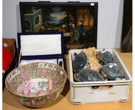 Chinese reverse painting on glass, family group playing go; a set of ceramic turtle soup bowls and covers; malachite figure a
