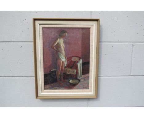 PETER L. FOLKES (1923-2019) (ARR) A framed oil on canvas of a female nude at her wash basin. Signed bottom right. 29cm x 39cm