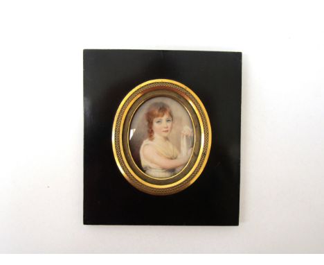 A mid 19th Century miniature watercolour on oval ivory panel, portrait of Agnes Fawcett Aged 6 Years old, 1849. Set in a yell