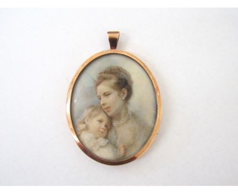 A late 19th Century miniature watercolour on oval ivory panel, portrait of a mother and child. Indistinctly signed to the rig