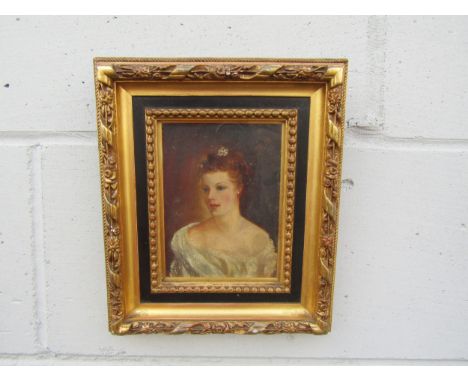 A 19th Century oil on panel, portrait of a young Lady, armourial shield crest top right with '1875' below. Monogram AR bottom