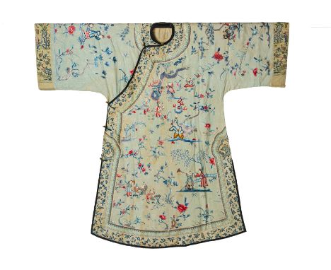 A CHINESE PALE BLUE EMBROIDERED SILK INFORMAL ROBE Embroidered in satin stitch with children at various activities in a garde