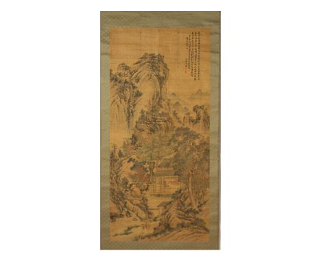 A LARGE CHINESE LANDSCAPE HANGING SCROLL
Ink and colour, mounted on backing scroll
The scene with figures seated in a pagoda 