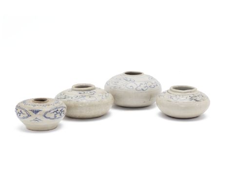 FOUR SIMILAR VIETNAMESE BLUE AND WHITE SQUAT JARS
Three with and band of scrolling decoration to the shoulder, one with shape
