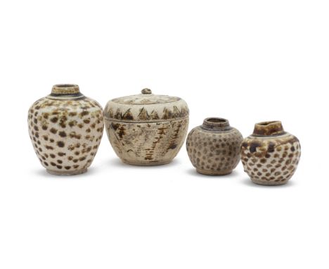 THREE SAWANKHALOK JARLETS AND A MINIATURE BOX
The jarlets with similar spotted decoration; the circular box and cover with st