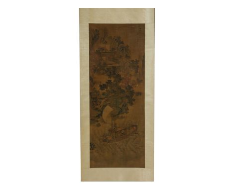 A CHINESE HANGING SCROLL OF A BOAT IN A STORM Ink and colour on silk, mounted on backing scroll The scene depicting a coastal