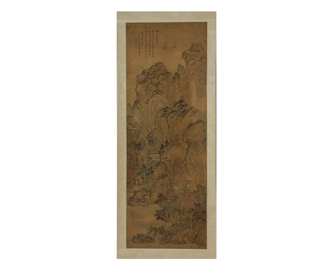 A CHINESE LANDSCAPE HANGING SCROLL
Ink and colour on silk, mounted on scroll backing
Depicting a mountainous landscape with f