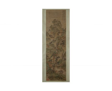 A CHINESE LANDSCAPE HANGING SCROLL
Ink and colour on paper, mounted on backing scroll
Depicting a figure beneath pine trees b