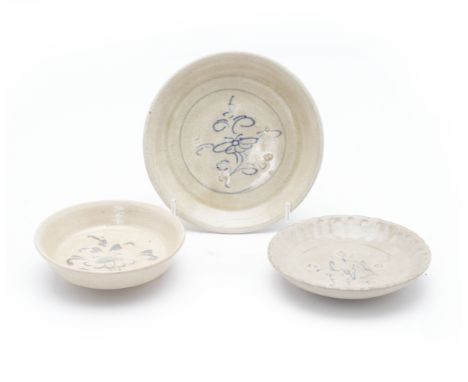 THREE VIETNAMESE SHALLOW DISHES
Decorated in underglaze blue with a foliate motif to the centre, one example with a fluted ri