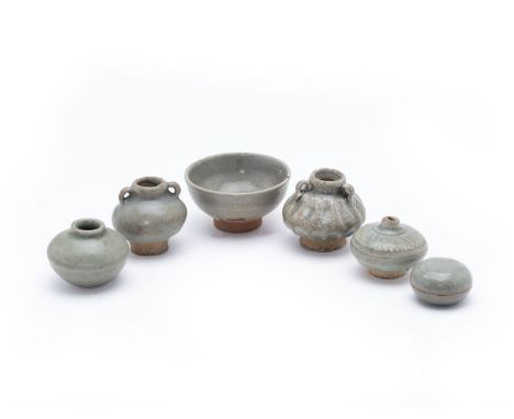 A GROUP OF SEVEN SMALL CELADON CERAMICS
Comprising: a bowl ; a small circular box and cover with moulded decoration; to ring 
