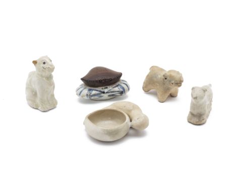 A GROUP OF SMALL ANIMAL CERAMIC FIGURES
Including a blue and white crab box, with later carved wood cover; a water dropper; b