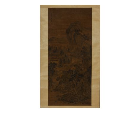 A CHINESE LANDSCAPE HANGING SCROLL
Ink on silk, mounted on hanging scroll
Depicting an extensive mountainous river landscape 