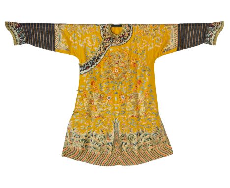 A CHINESE YELLOW EMBROIDERED SILK 'DRAGON' ROBE The yellow silk ground worked in satin stitch and couched gold coloured threa
