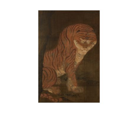 A LARGE HANGING SCROLL OF A TIGER Probably Korean Ink and colour, mounted on hanging scroll  The tiger depicted seated with i