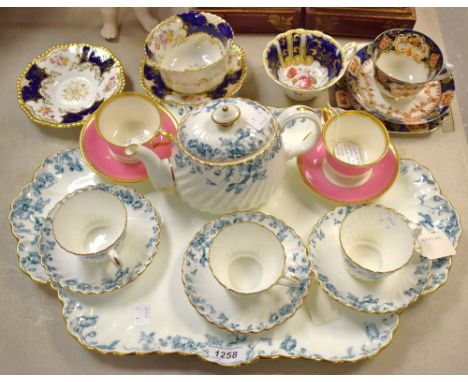 A Minton Rosslyn pattern trilogy tea set on tray comp, Teapot, three cups and saucers, conforming tray, printed marks;  a api