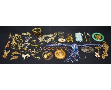 Costume Jewellery - gold plated chains, various; lady's compact; Victorian propelling pencil; earrings; Morgan watch; napkin 