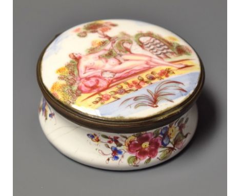 An early George III South Staffordshire enamel circular table snuff box, the cover naively painted with Leda and the Swan, th