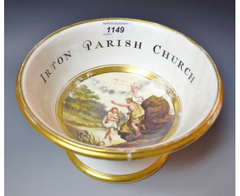 A Spode circular pedestal bowl, inscribed Irton Parish Church and decorated in polychrome with a titled scene from St Mark, C