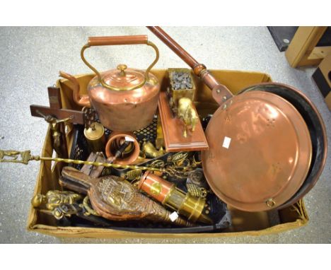 Metalware - A brass and copper Lamp & Limelight Co small colliery lamp;  a brass miner;  Horse brasses, dishes;  a copper hea