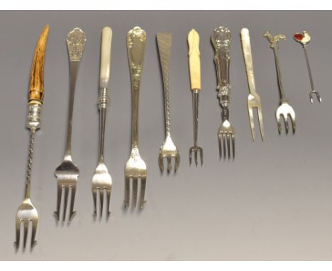 A Chinese silver pickle fork; others Victorian and later,  including mother-of-pearl, EPNS; a silver plated cocktail stick; e