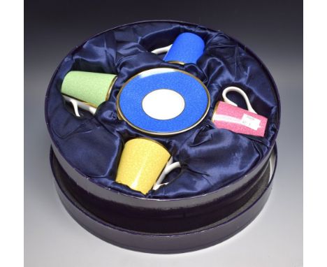 A Royal Worcester set of four harlequin coffee cans and saucers, HRH 80th birthday, boxed 