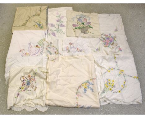 Textiles - hand embroidered linen tablecloths including crinoline lady, English country garden flowers