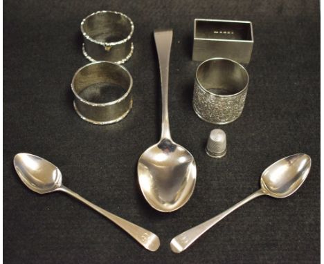 A George III silver spoon, London 1795; a pair of Geo III silver teaspoons, London marks rubbed; an Art Deco rectangular silv