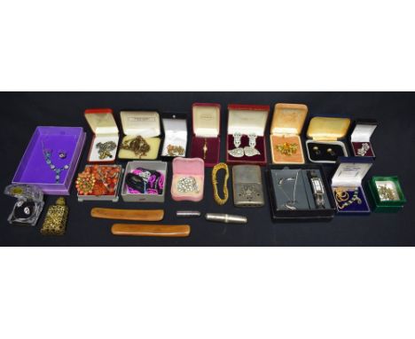 Costume Jewellery - a faux coral clip; an Art Deco crystal set clip; brooches; suites, boxed; scent phial; etc 