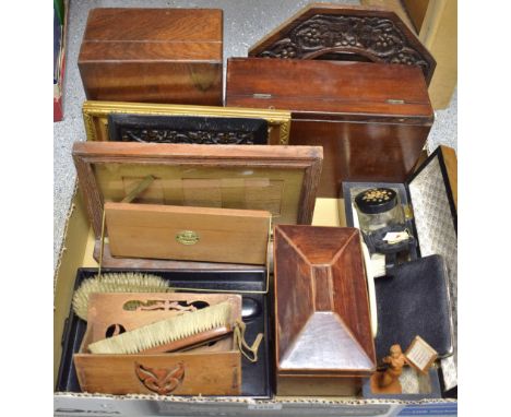 Boxes and Objects - a brass mounted reading stand, The Ramion; an ebony part dressing table set; an art nouveau figural calen