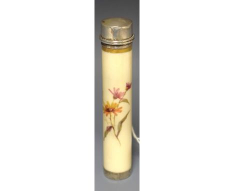 A Royal Worcester cylindrical scent phial, decorated with wild flower stem, hinged silver coloured metal mounted cover, 10cm 